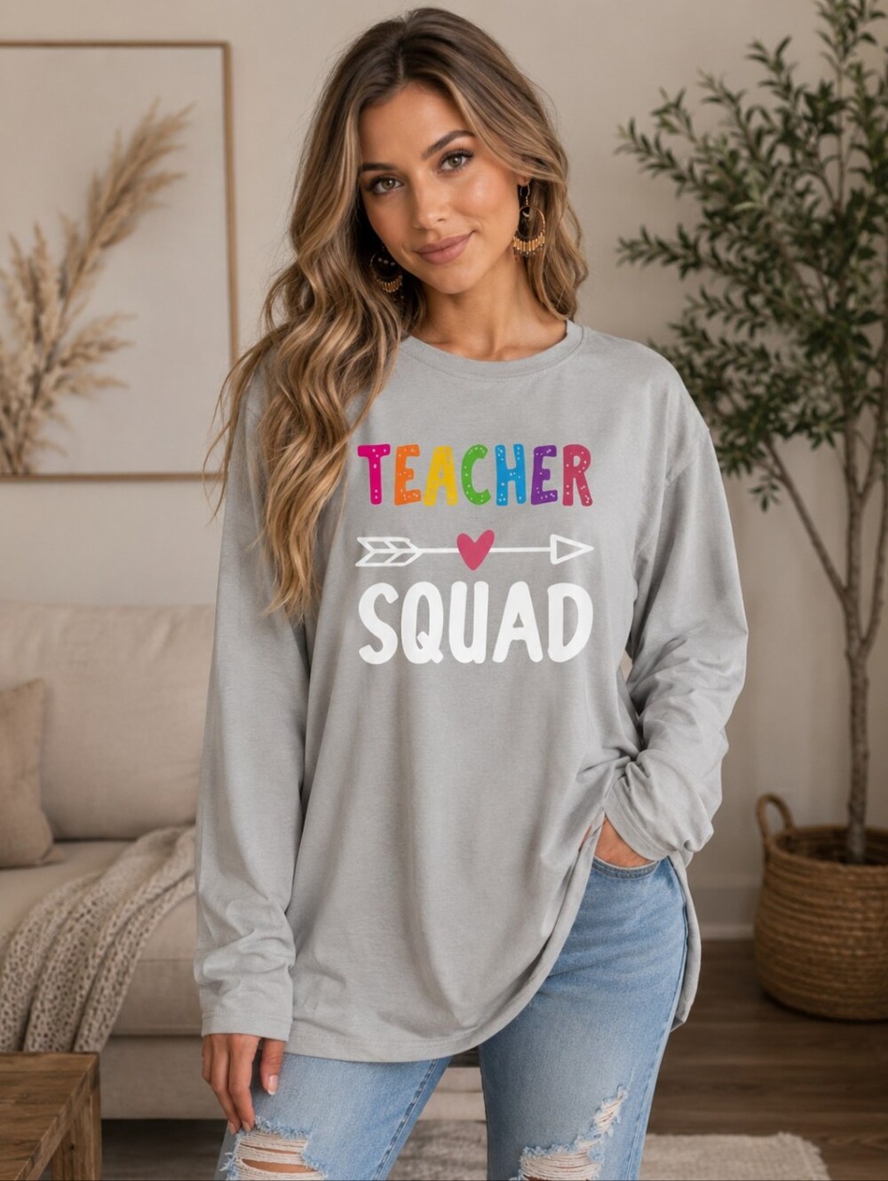Teacher Squad Print Long Sleeve Crew Neck T-Shirt, Women's Size XL